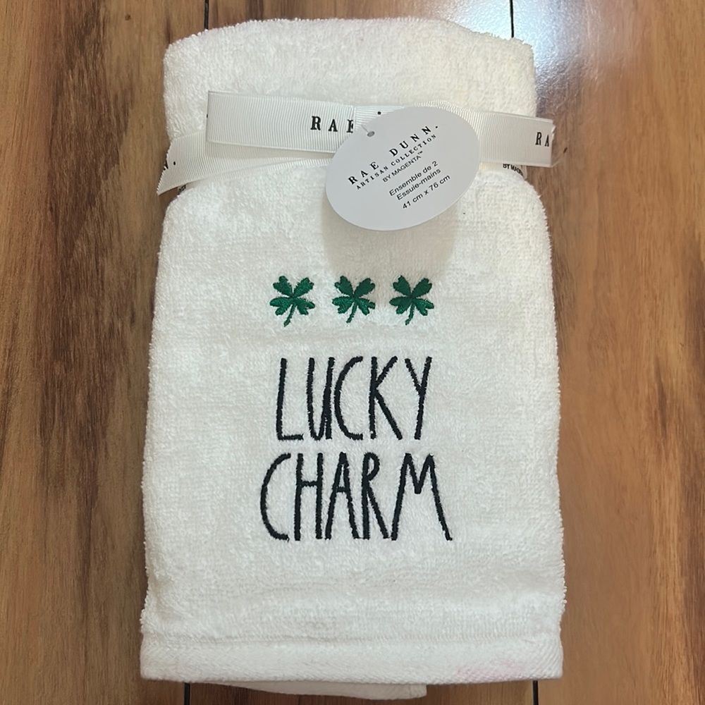 RAE DUNN BY MAGENTA - two lucky charm hand towels (new)